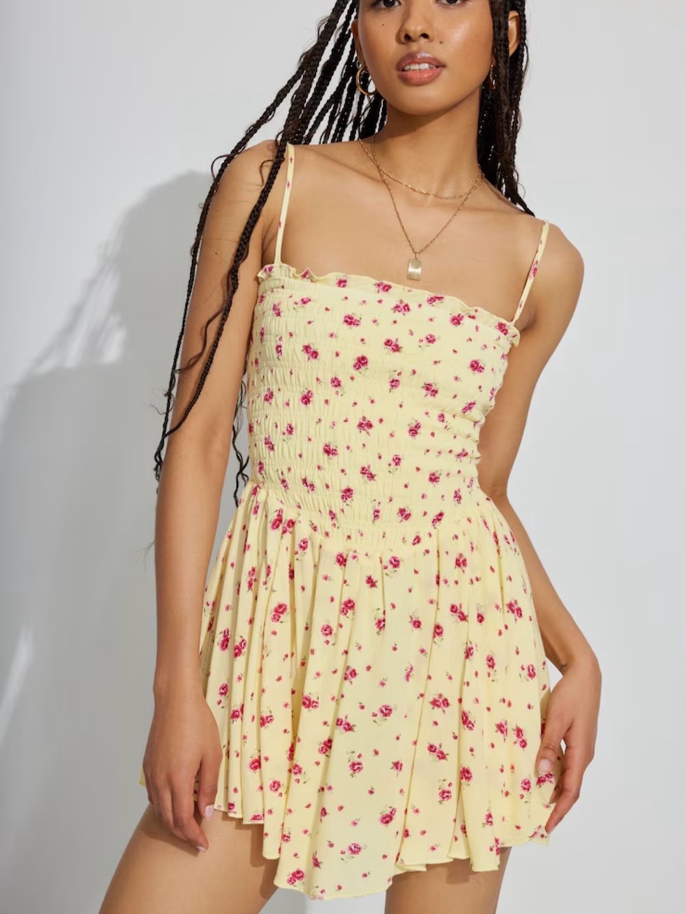 Garage Yellow Floral Smocked Mini Dress with Pink Print